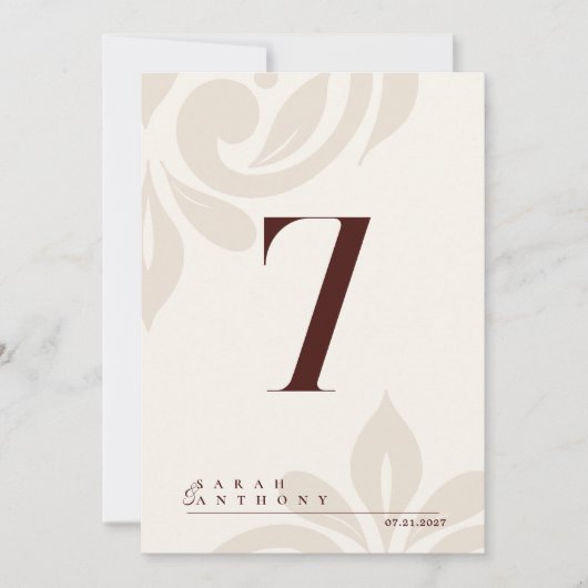 Ivory Burgundy Classic Elegant Damask Table Number サンキューカード (正面)