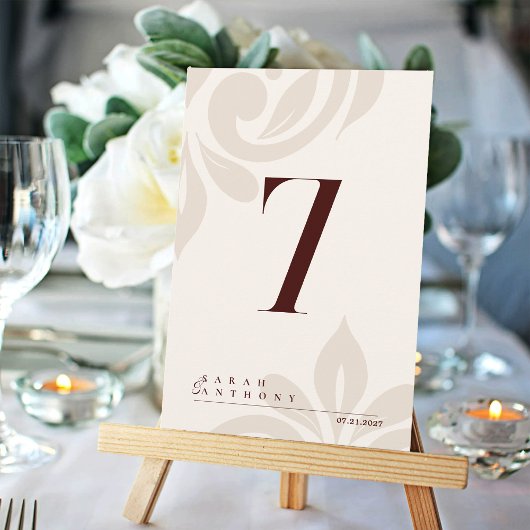 Ivory Burgundy Classic Elegant Damask Table Number サンキューカード