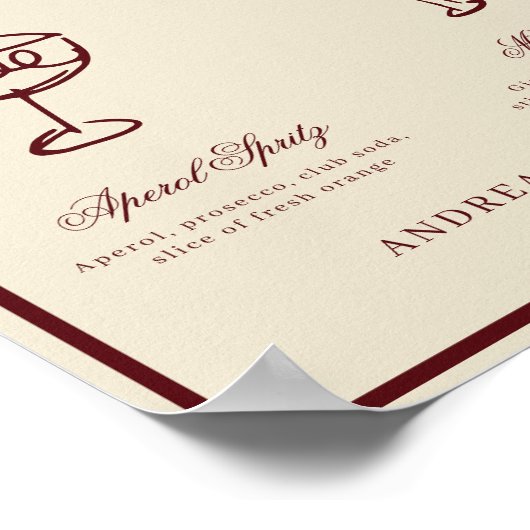 Ivory & Burgundy Retro Signature Drinks Sign ポスター (角)