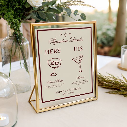 Ivory & Burgundy Retro Signature Drinks Sign ポスター