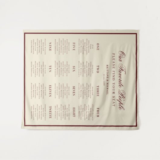 Ivory Burgundy Retro Wedding Seating Chart Sign タペストリー (正面(横))