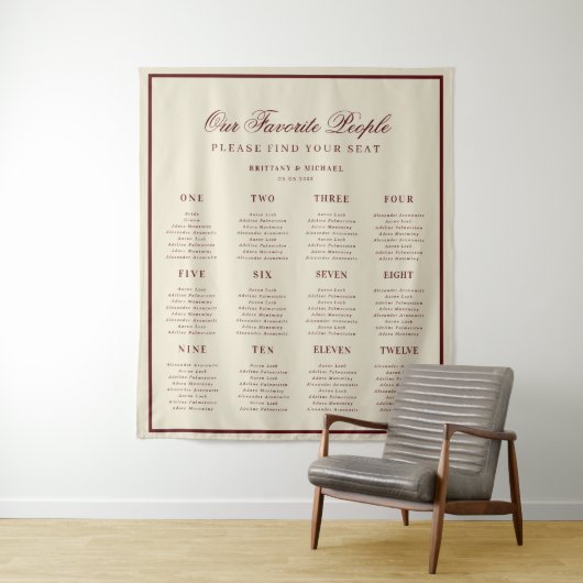 Ivory Burgundy Retro Wedding Seating Chart Sign タペストリー (インサイチュ)
