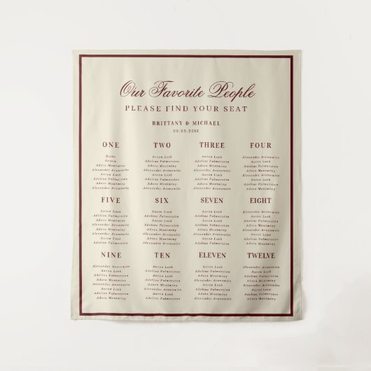 Ivory Burgundy Retro Wedding Seating Chart Sign タペストリー (正面)