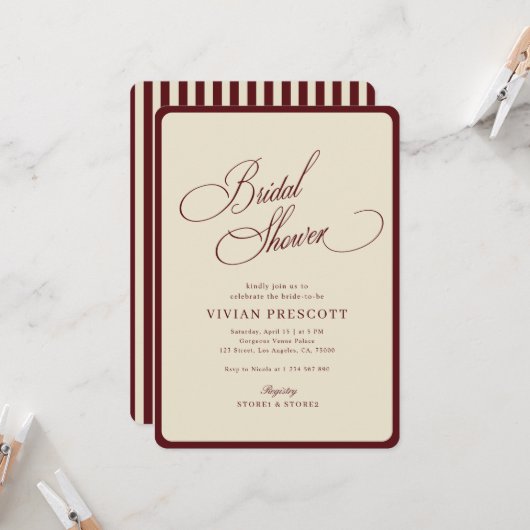 Ivory Burgundy Stripes Border Retro Bridal Shower 招待状 (正面/裏面インサイチュ)