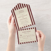 Ivory & Burgundy Stripes Border Retro Wedding オールインワン招待状 (貼ってはがせる)