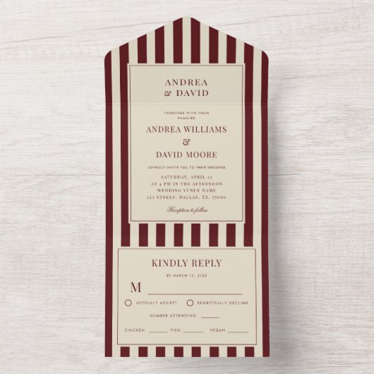 Ivory & Burgundy Stripes Border Retro Wedding オールインワン招待状 (内側)