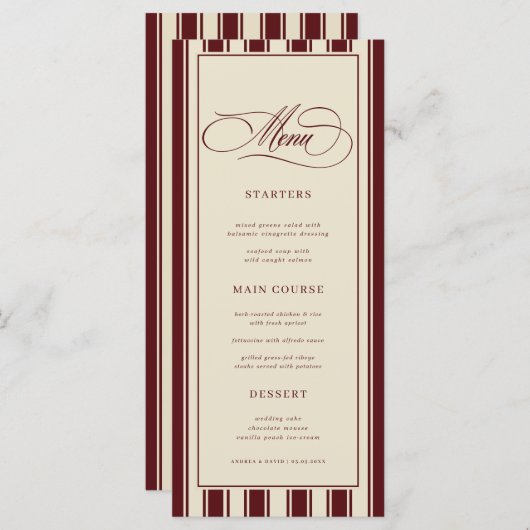 Ivory & Burgundy Stripes Border Retro Wedding メニュー (正面/裏面)