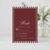 Ivory & Burgundy Stripes Border Retro Wedding 出欠カード (スタンド正面)