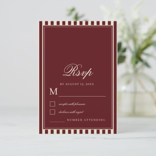 Ivory & Burgundy Stripes Border Retro Wedding 出欠カード (スタンド正面)