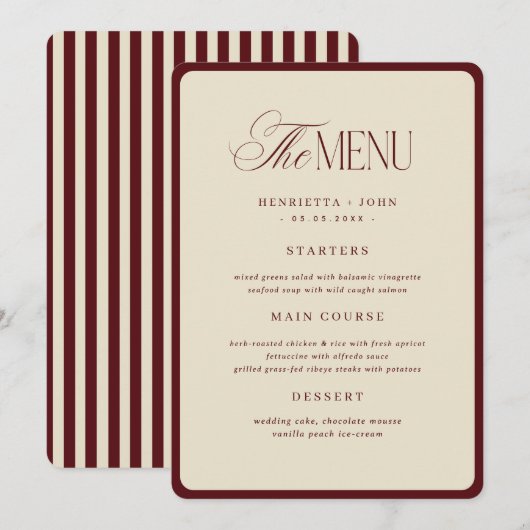 Ivory Burgundy Stripes Border Wedding Menu Card 招待状 (正面/裏面)