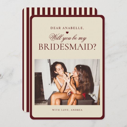 Ivory & Burgundy Stripes Bridesmaid Proposal Card 招待状 (正面/裏面)