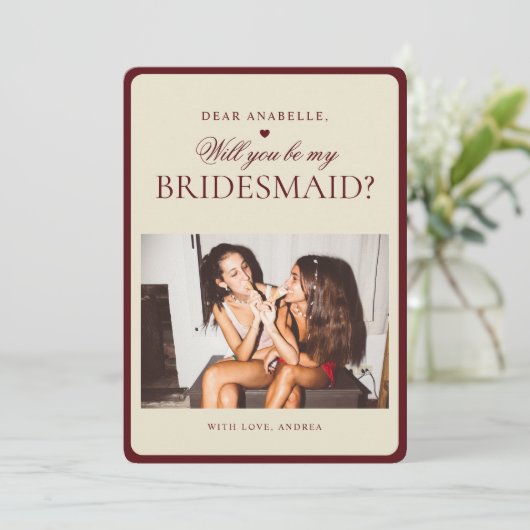 Ivory & Burgundy Stripes Bridesmaid Proposal Card 招待状 (スタンド正面)