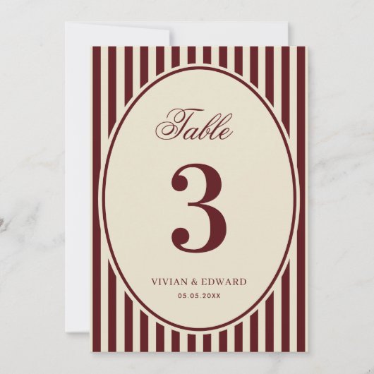 Ivory Burgundy Stripes Retro Wedding Table Number 招待状 (正面)