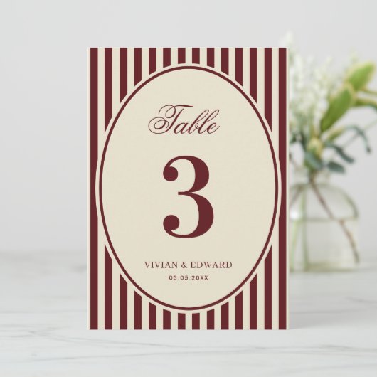 Ivory Burgundy Stripes Retro Wedding Table Number 招待状 (スタンド正面)