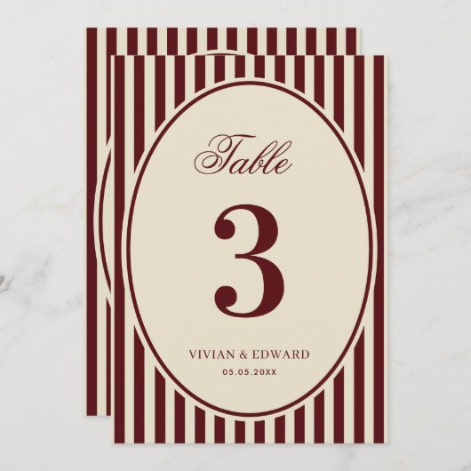 Ivory Burgundy Stripes Retro Wedding Table Number 招待状 (正面/裏面)