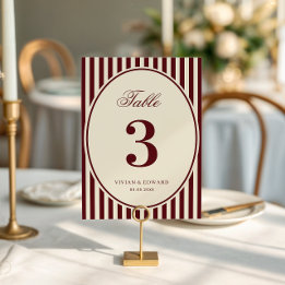 Ivory Burgundy Stripes Retro Wedding Table Number 招待状