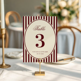 Ivory Burgundy Stripes Retro Wedding Table Number 招待状