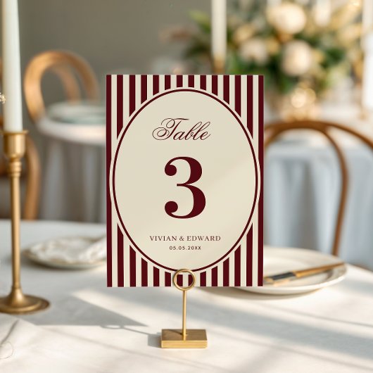 Ivory Burgundy Stripes Retro Wedding Table Number 招待状