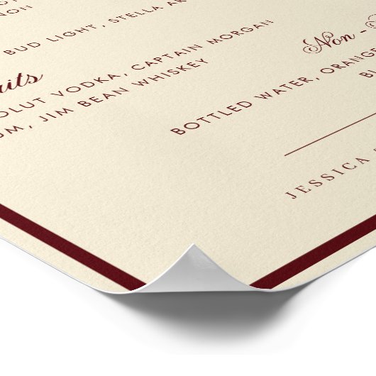 Ivory & Burgundy The Wedding Bar Drink Menu Sign ポスター (角)