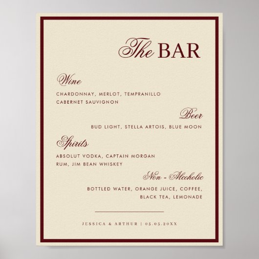 Ivory & Burgundy The Wedding Bar Drink Menu Sign ポスター (正面)