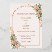 Ivory champagne florals ribbon rose gold wedding 箔招待状 (正面)