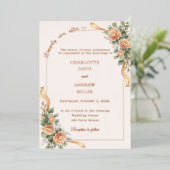 Ivory champagne florals ribbon rose gold wedding 箔招待状 (立ち正面)