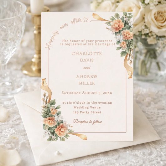 Ivory champagne florals ribbon rose gold wedding 箔招待状