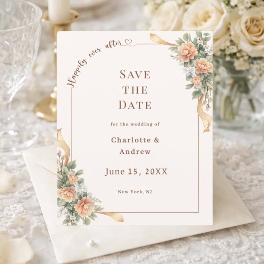 Ivory champagne florals wedding Save the Date チラシ
