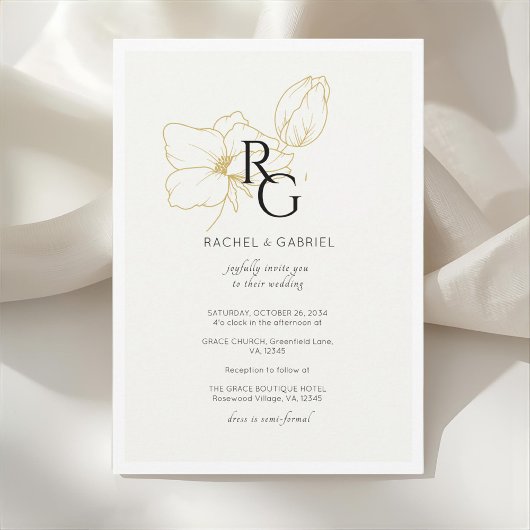Ivory | Chic Floral Monogram Wedding Invitation 招待状
