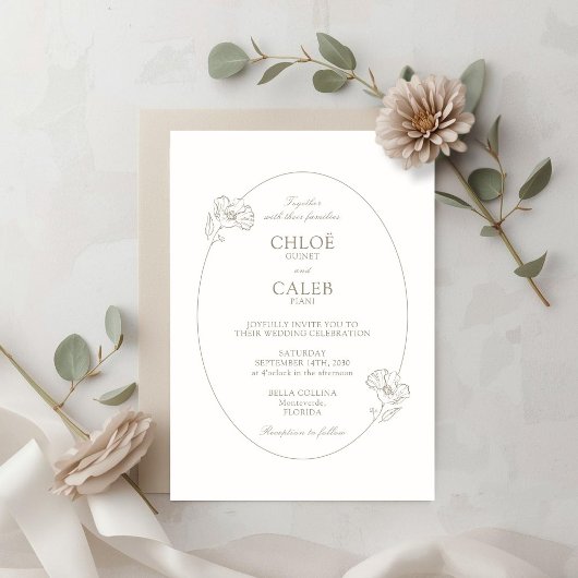 Ivory | Chic Oval Botanical Wedding Invitat 招待状