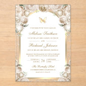 Ivory Cream Floral Gold Arch Butterfly Wedding アクリル招待状 (正面)