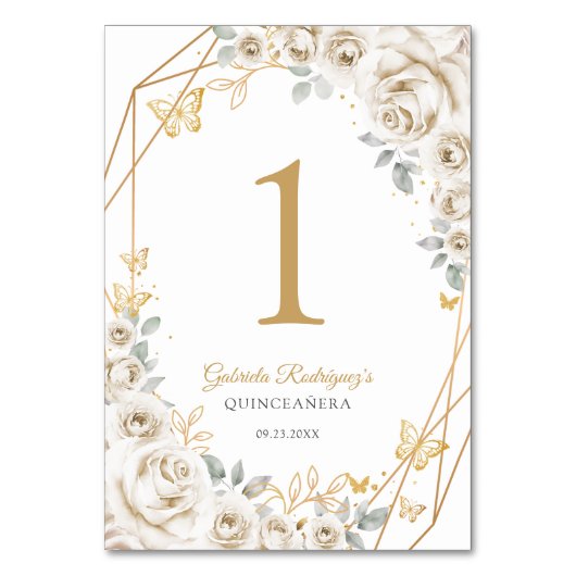 Ivory Cream Gold Floral Quinceanera テーブルナンバー (正面)