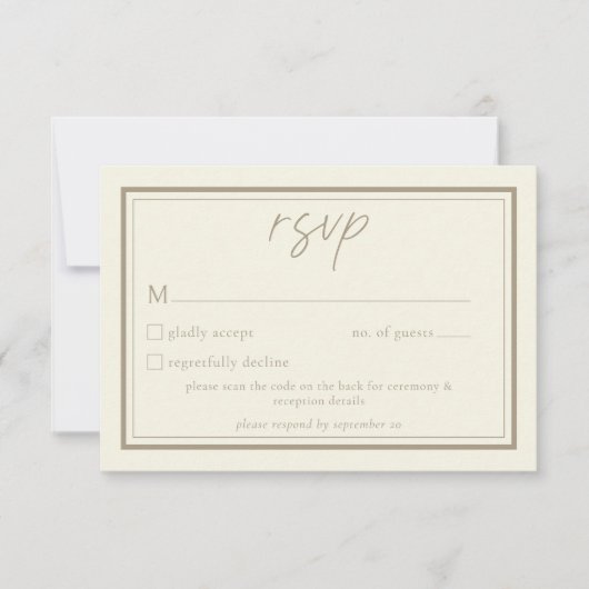 Ivory Cream Minimalist Frame Wedding QR Code 出欠カード (正面)