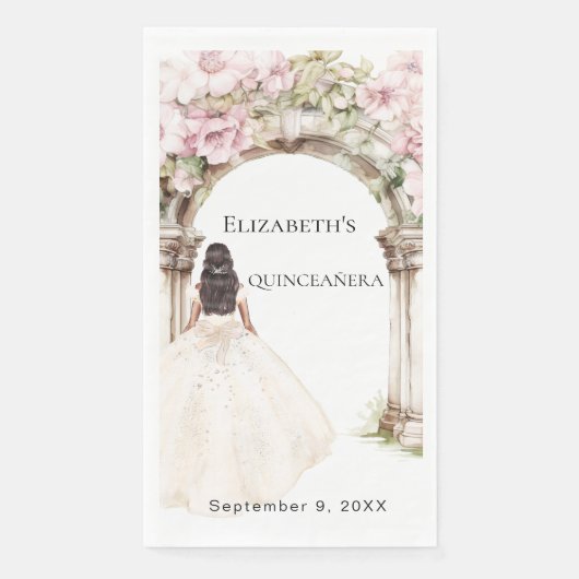 Ivory dress pink florals arch Quinceanera (正面)
