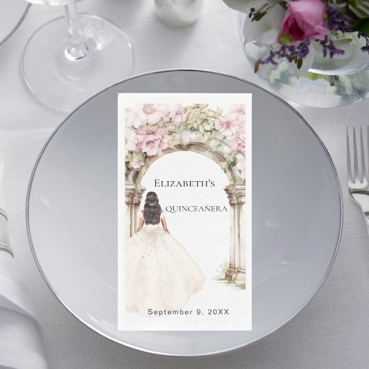 Ivory dress pink florals arch Quinceanera