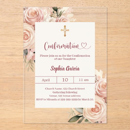 Ivory dusty rose florals luxury Confirmation アクリル招待状 (正面)