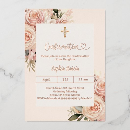 Ivory dusty rose florals luxury Confirmation 箔招待状 (正面)