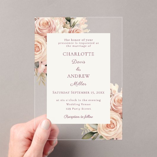Ivory dusty rose florals luxury wedding アクリル招待状 (インサイチュ (ポータブル))