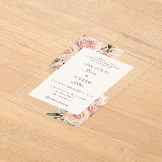 Ivory dusty rose florals luxury wedding アクリル招待状 (レイダウン)