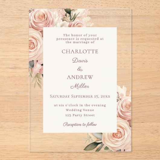 Ivory dusty rose florals luxury wedding アクリル招待状 (正面)