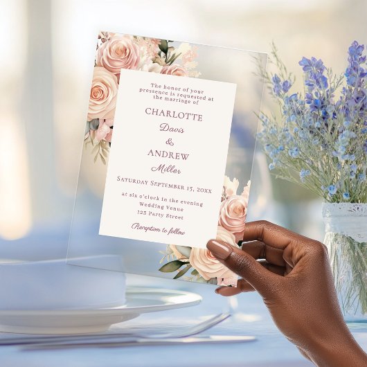 Ivory dusty rose florals luxury wedding アクリル招待状