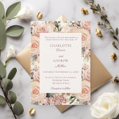 Ivory dusty rose mauve florals wedding 招待状