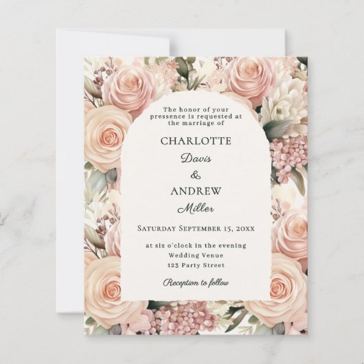 Ivory dusty rose mauve florals wedding invitation (正面)