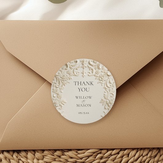Ivory Elegant Embossed Thank You Wedding ラウンドシール