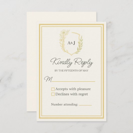 Ivory Elegant Floral Crest Monogram Formal Wedding 出欠カード (正面/裏面)
