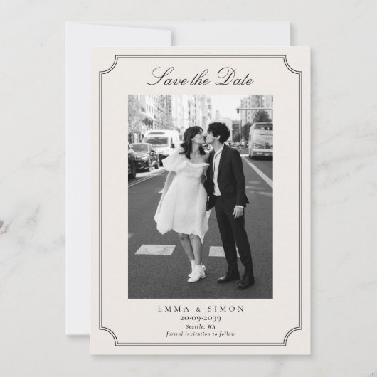 Ivory Elegant Frame Photo Save the Date サンキューカード (正面)