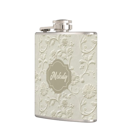Ivory Embossed Floral Vinyl Wrapped Flask フラスク (左)