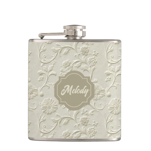 Ivory Embossed Floral Vinyl Wrapped Flask フラスク (正面)