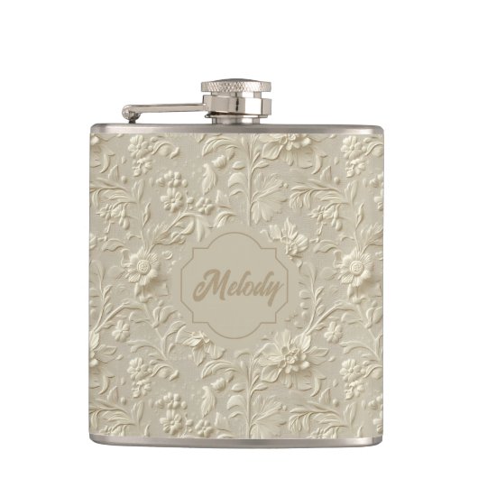 Ivory Embossed Floral Vinyl Wrapped Flask フラスク (正面)