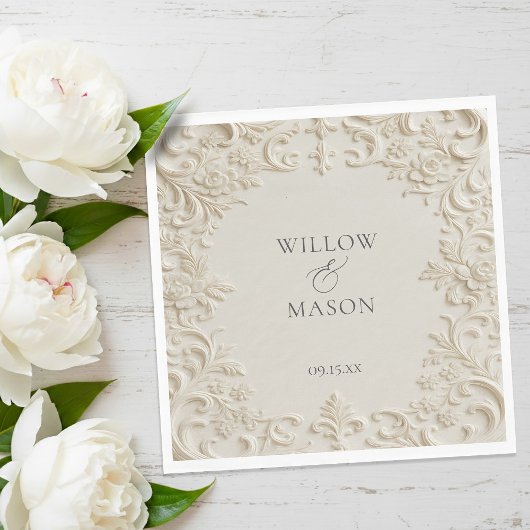Ivory Embossed Scroll Floral Wedding Napkins スタンダードランチョンナプキン